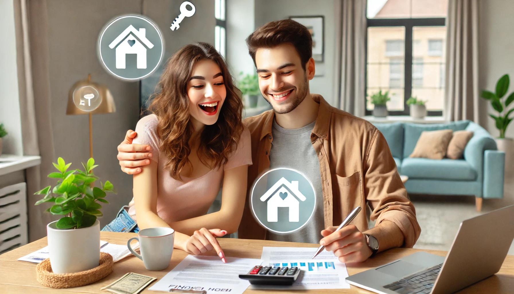 זוג צעיר מתכנן רכישת דירה ראשונה, יושבים ליד מחשבון וניירת, תכנון כלכלי לרכישת בית ראשון