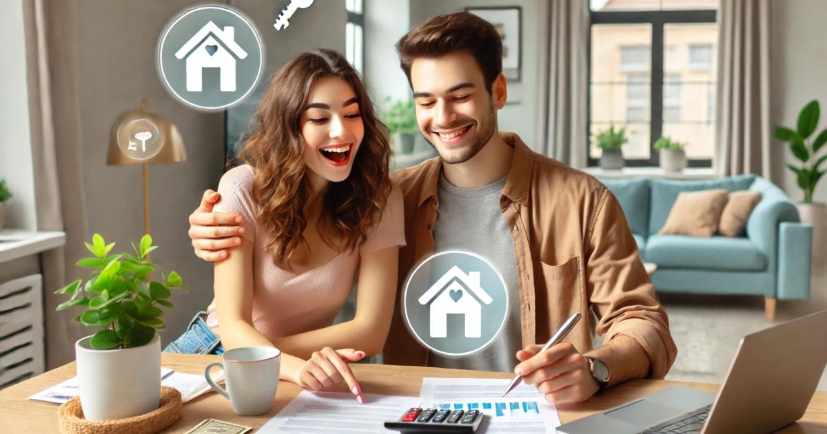 זוג צעיר מתכנן רכישת דירה ראשונה, יושבים ליד מחשבון וניירת, תכנון כלכלי לרכישת בית ראשון